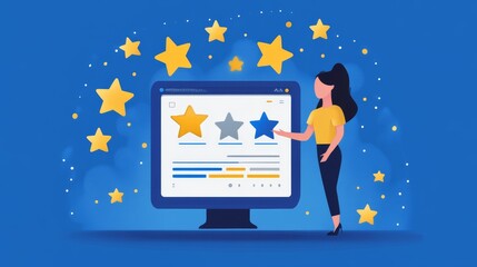 A woman points at a screen displaying a rating system with stars, symbolizing feedback and reviews in a bright, creative digital environment.