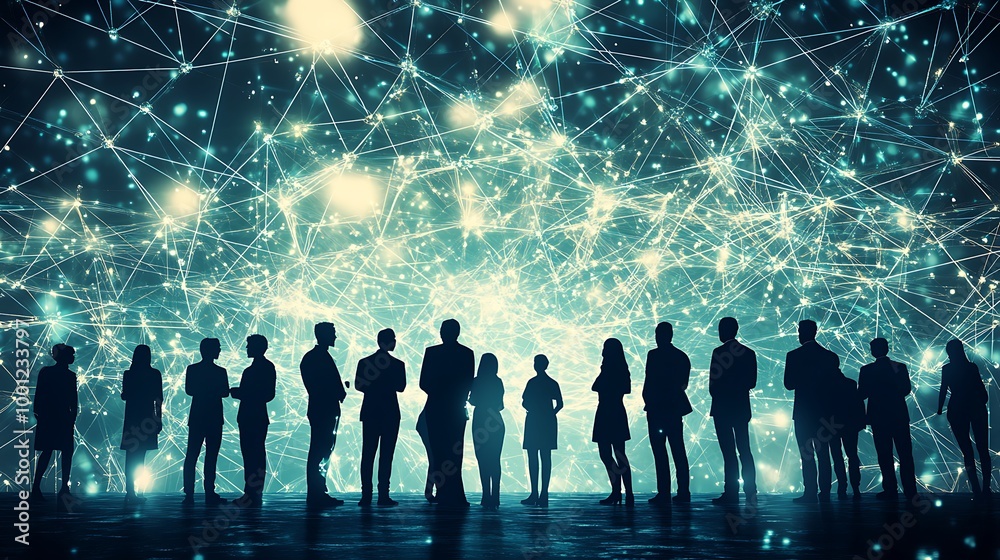 Poster silhouettes of people standing in front of a glowing network of lines.