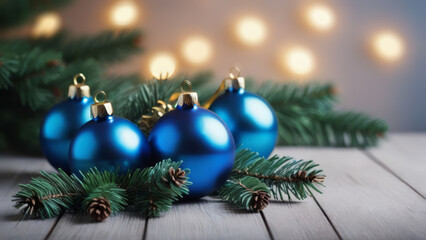 fir branch with blue christmas balls on christmas background