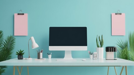 A modern workspace with a large monitor, stylish lighting, and plants, set against a vibrant turquoise wall for an inviting and productive atmosphere.