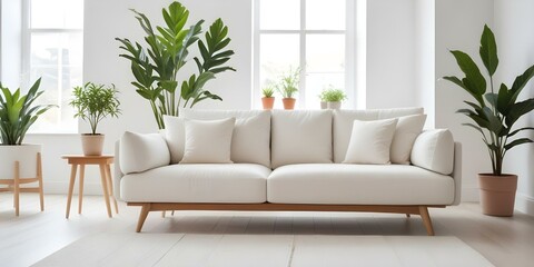 A modern, minimalist white sofa in a bright, airy room with a potted plant in the background.
