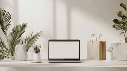Obraz premium A modern workspace featuring a laptop, plants, and decorative items, creating a serene and organized aesthetic.