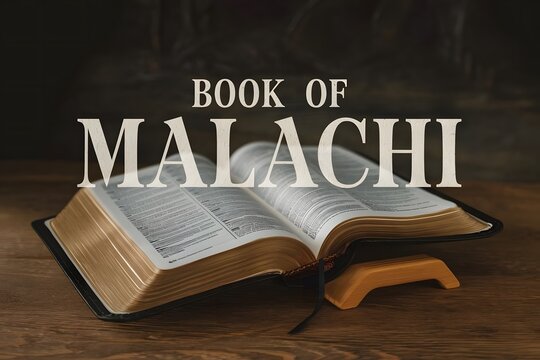 A cinematic presentation of an open bible revealing the name of the book of the bible. The bible is lying on a wooden stand. The background is dark. The text Book of Malachi.