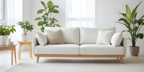 A modern, minimalist white sofa in a bright, airy room with a potted plant in the background.