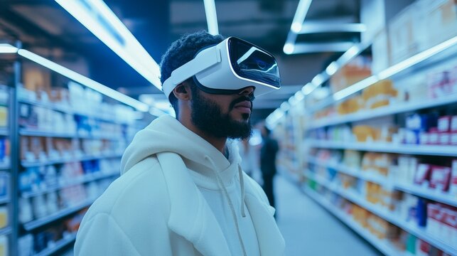 Virtual reality headset user navigating a futuristic online store, showcasing immersive e-commerce experiences, VR shopping, immersive e-commerce - Powered by Adobe