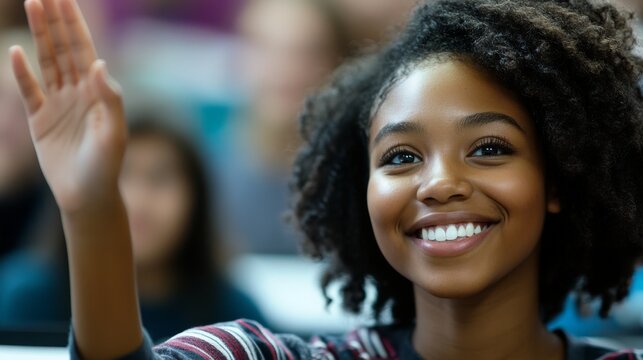 Smiling Girl Student Raising Hand in Classroom Setting - Powered by Adobe