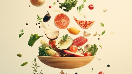 Fresh Vegetables and Fruits Floating Over Wooden Bowl