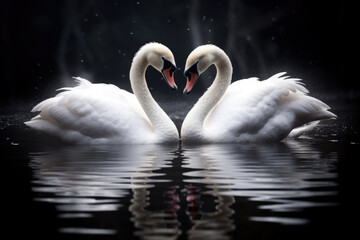 Two elegant swans are gracefully making a beautiful heart shape with their long necks amidst the tranquil waters of the lake