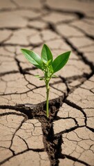 Young plant sprouting from dry, cracked soil