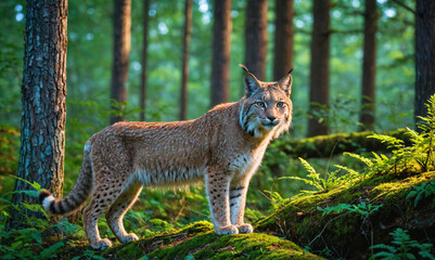 Fototapeta premium A lynx stands alert in a lush forest, its fur blending with the mossy green surroundings