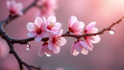 Obraz premium Generative AI, a branch with pink flowers and water drops hanging from it's branches, with a pink background and a pink sky, flowers, a picture, art photography 