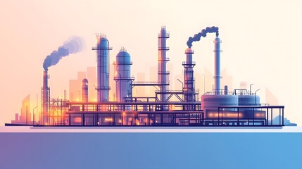 Obraz premium A cityscape with a large industrial plant in the center. The plant is surrounded by a network of pipes and tanks. Concept of industrialization and technological advancement