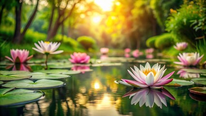 Soft focus, serene canal water lilies float on gentle ripples, surrounded by lush greenery, creating a peaceful,