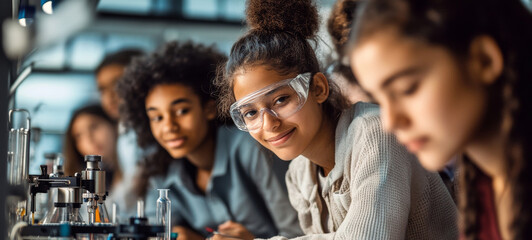 Diverse High School Students Collaborating in Science Lab