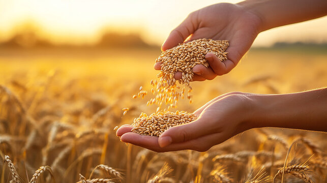 Hands holding wheat grains.