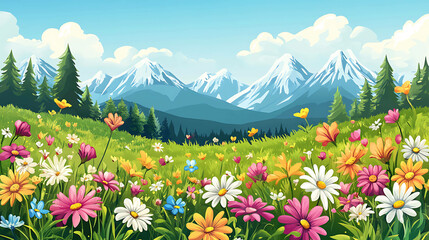 A vibrant illustration of a mountain meadow in bloom.