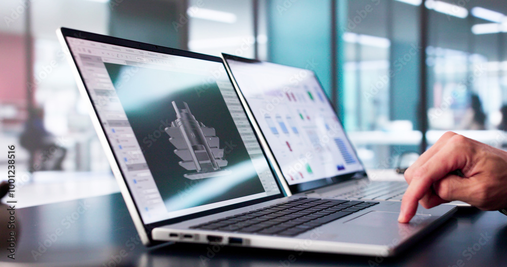Aufkleber male engineer developing mechanical parts using 3d cad software on laptop