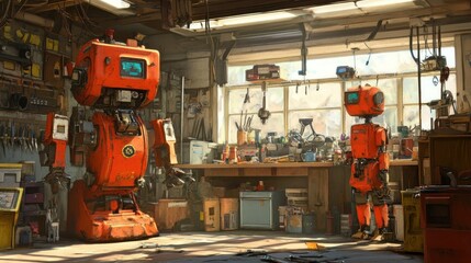 Fototapeta premium Robots in Workshop Setting with Tools and Equipment