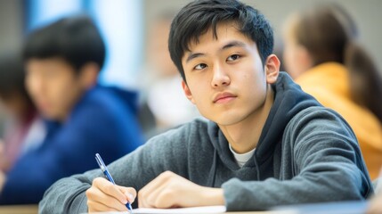 Concentrated Young Asian Student Taking Notes in Class