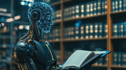 Futuristic Robot Reading Book in a Library Setting