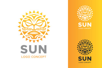 Fototapeta premium Sun face logo graphic design concept. Editable yellow and orange sun element in maori ethnic tribal style, can be used as logotype, icon, template in web and print.