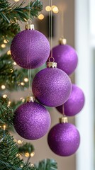 Obraz premium Winter Holidays Vertical Greeting Card with Elegant Purple Christmas Balls on Pastel Background for Copy Space.