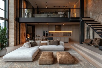 A modern living room with a sectional sofa, a rug, and two ottomans. There is a loft overlooking the living room, a kitchen with stainless steel appliances, and a set of stairs going up to the loft.