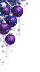 Magical Winter Wonderland Greeting Card with Vibrant Purple Christmas Ornaments on Snowy Background for Festive Holiday Text Space