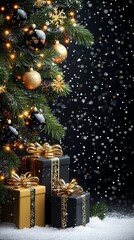 Glittering Gold Holiday Celebration on Festive Black Background with Gift Boxes and Snowflakes