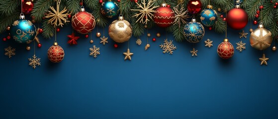 Festive Christmas Banner with Vibrant Blue Sky, Falling Snowflakes, Colorful Ornaments