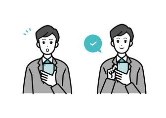 Clip art set of male businessperson clicking smartphone.