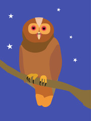 Owl on branch on background of night sky. Flat design vector illustration.
