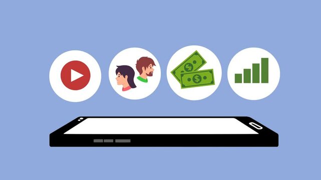 Animated Infographic to Monetize Video Content Footage with people as viewers, smartphones and money. Monetize content video and earn money from Online. People watching Video contents and make revenue