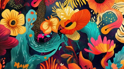 Dynamic and colorful abstract floral illustration showcasing various flowers in vivid hues