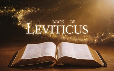 A cinematic presentation of the Book of Leviticus, with an open Bible glowing softly as it reveals the name of the book amidst swirling golden dust particles.