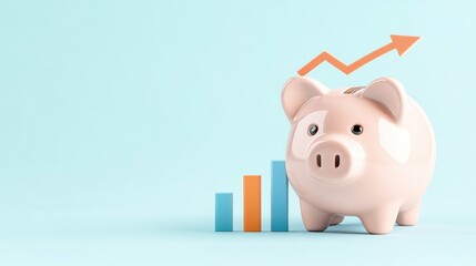 A piggy bank sits beside bar and line graphs, symbolizing savings growth and financial progress against a light blue background.