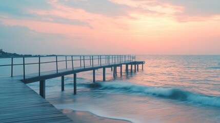 Obraz premium Broken steel bridge extending into the sea, perfect for watching sunrises, sunsets, and fishing. Serene beach scene with slow-motion sea waves. 