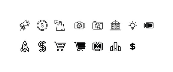 marketing, finance, sales, media, business, megaphone, dollar sign, shopping bag, camera, video, bank, light bulb, innovation, film reel, startup, ecommerce, rocket, online shopping, money, investment