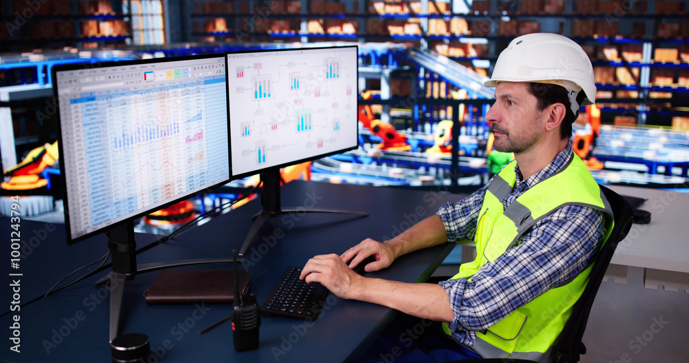 Poster warehouse manager sitting at desktop computer. delivery logistic