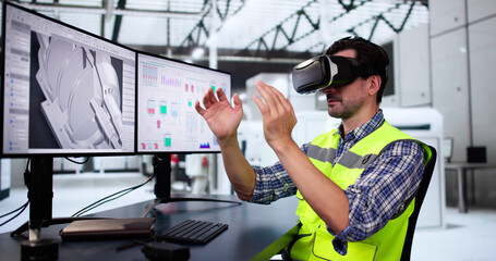 Virtual Reality Headset And Industrial Factory. VR Technology
