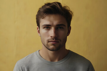 Fototapeta premium Young Caucasian man in front of yellow background. He looks tired and serious. 