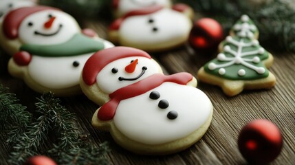 Christmas cookies in the shape of snowmen with sugar icing lie on a wooden table, against the background of fir branches and Christmas decorations