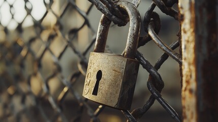 Close-up of a heavy padlock and chain on a fence, symbolizing safety and security. --