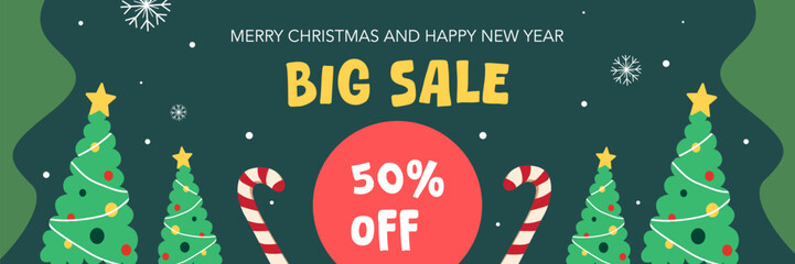 Merry Christmas and Happy New Year web sale banner, greeting card, horizontal poster, holiday cover. Modern Xmas design in flat style with Christmas tree and candy on green background