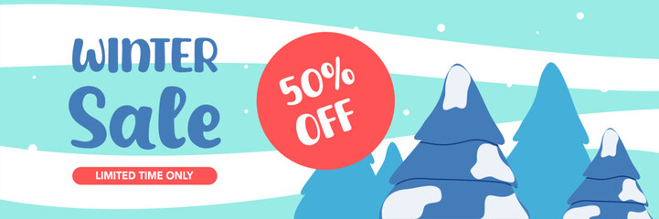 Winter season web sale banner, greeting card, horizontal poster, holiday cover. Modern Xmas design in flat style with Christmas tree and snow on blue background 
