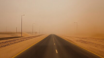 Desert sand covering roads during a sandstorm, causing road blockages as sand accumulates across the roadway. 