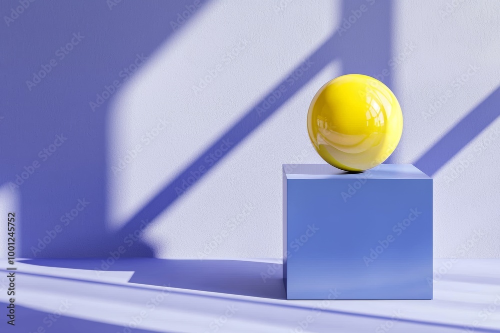 Wall mural 3d image of a yellow sphere or ball balanced at the edge of a cube geometric shape on a blue backgro