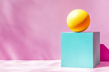 Sphere or ball balanced on edge of cube geometric shape on blue background. Abstract illustration.