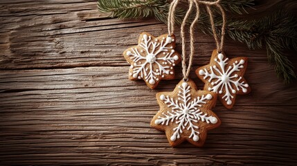 Fototapeta premium Christmas snowflake cookies with sugar icing hanging on a string on a wooden background