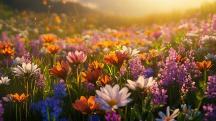 Fototapeta premium Colorful Wildflower Field at Sunrise with Warm Sunlight